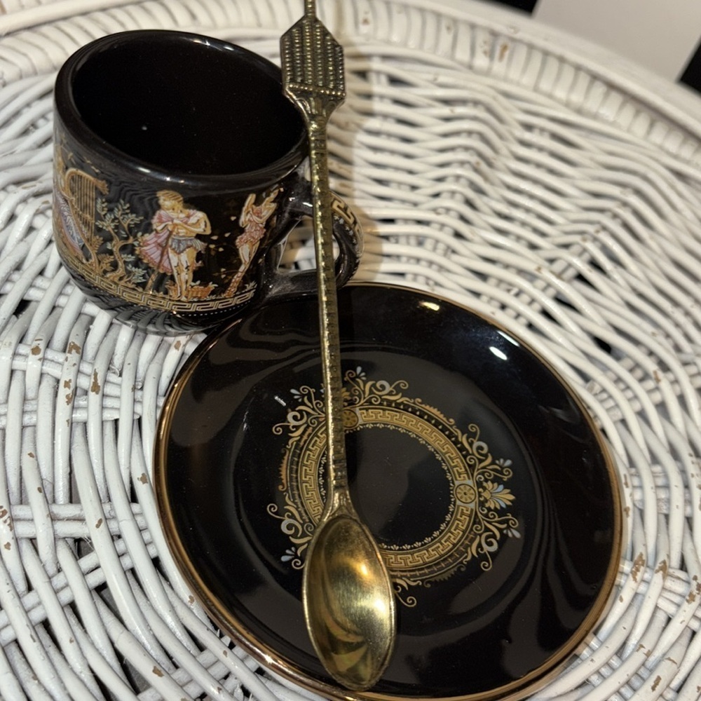 1960s Black and Gold Greek Gods Motif Mini Tea Cup /Saucer Set 24K Gold & Spoon - Picture 17 of 17